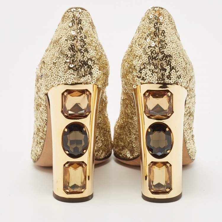 مملوكة مسبقًا Dolce & Gabbana Gold Sequin Block Heels Pumps Size 37