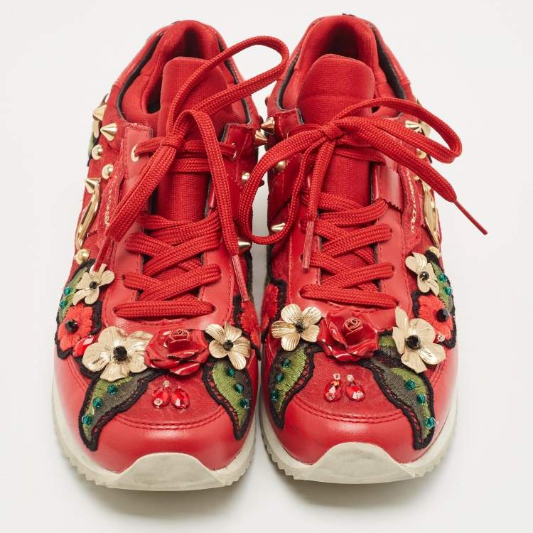 مملوكة مسبقًا Dolce & Gabbana Red Leather and Fabric Flower Embellished Trainers Sneakers Size 36