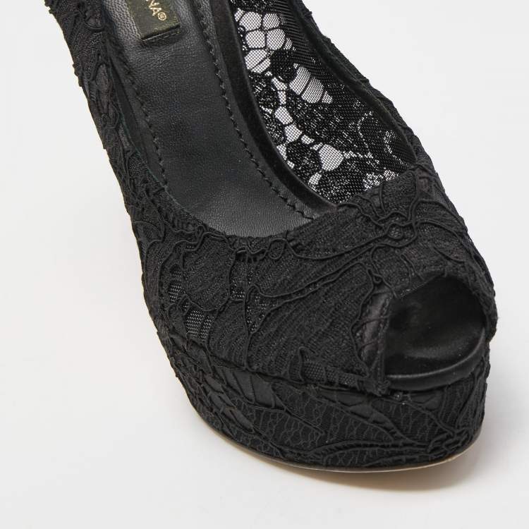 Pre Owned Dolce & Gabbana Black Satin and Lace Peep Toe Platform Pumps Size 36