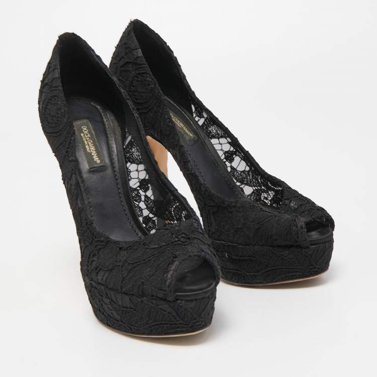 Pre Owned Dolce & Gabbana Black Satin and Lace Peep Toe Platform Pumps Size 36