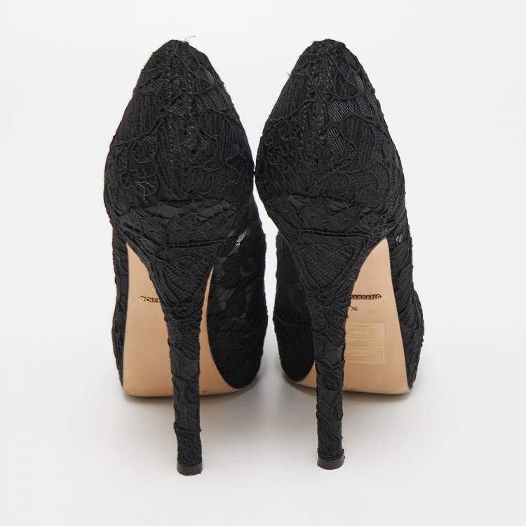 Pre Owned Dolce & Gabbana Black Satin and Lace Peep Toe Platform Pumps Size 36