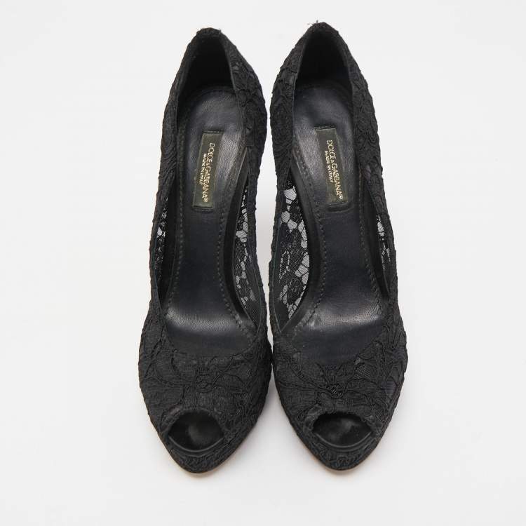Pre Owned Dolce & Gabbana Black Satin and Lace Peep Toe Platform Pumps Size 36
