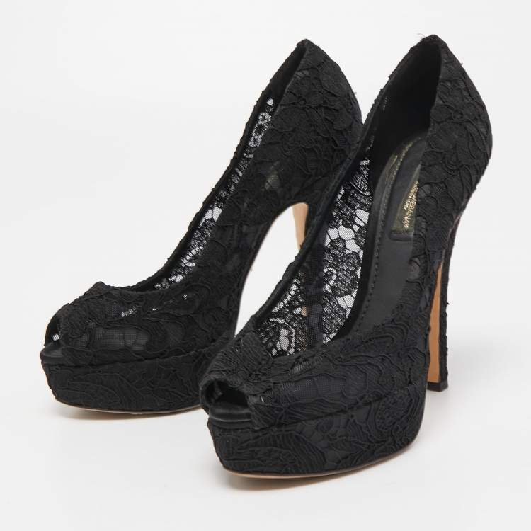 Pre Owned Dolce & Gabbana Black Satin and Lace Peep Toe Platform Pumps Size 36