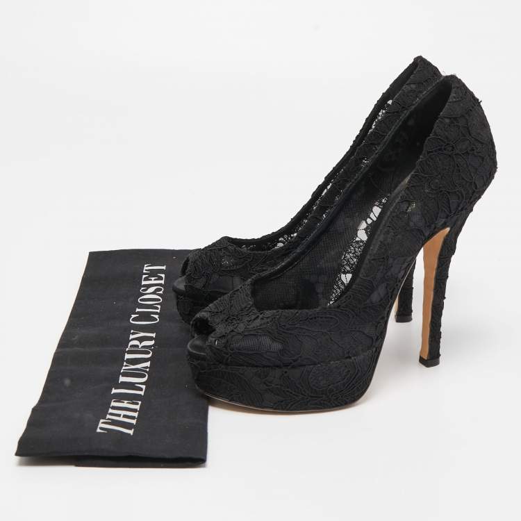 Pre Owned Dolce & Gabbana Black Satin and Lace Peep Toe Platform Pumps Size 36