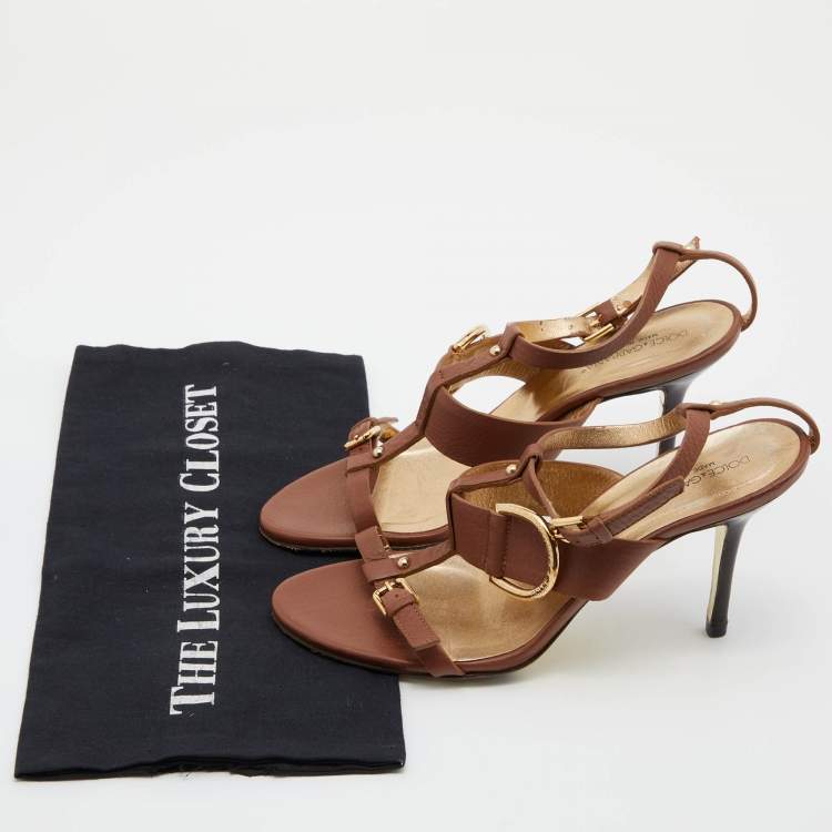Pre Owned Dolce & Gabbana Brown Leather Buckle ankle Strap Sandals Size 37.5
