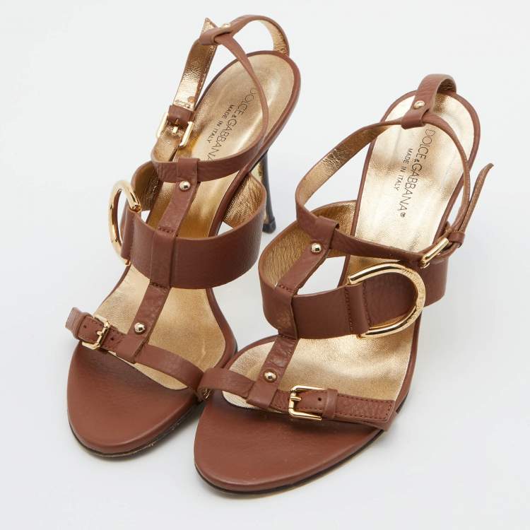 Pre Owned Dolce & Gabbana Brown Leather Buckle ankle Strap Sandals Size 37.5