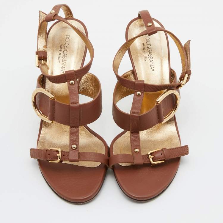 Pre Owned Dolce & Gabbana Brown Leather Buckle ankle Strap Sandals Size 37.5