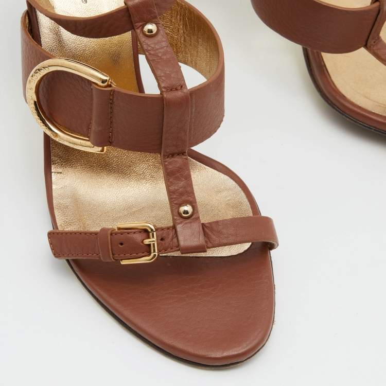 Pre Owned Dolce & Gabbana Brown Leather Buckle ankle Strap Sandals Size 37.5