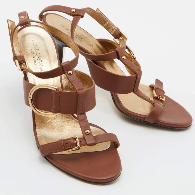 Pre Owned Dolce & Gabbana Brown Leather Buckle ankle Strap Sandals Size 37.5