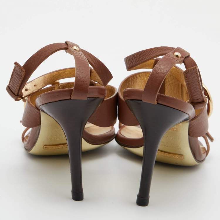Pre Owned Dolce & Gabbana Brown Leather Buckle ankle Strap Sandals Size 37.5