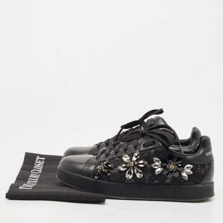 Pre Owned Dolce & Gabbana Black Leather, Lace  Low Top Sneakers Size 37