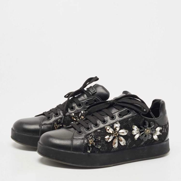 Pre Owned Dolce & Gabbana Black Leather, Lace  Low Top Sneakers Size 37