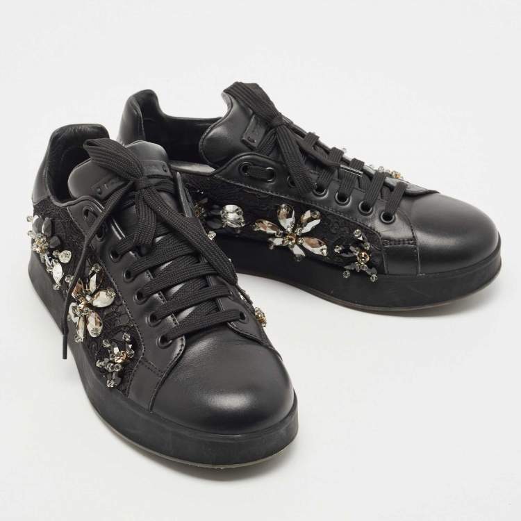 Pre Owned Dolce & Gabbana Black Leather, Lace  Low Top Sneakers Size 37