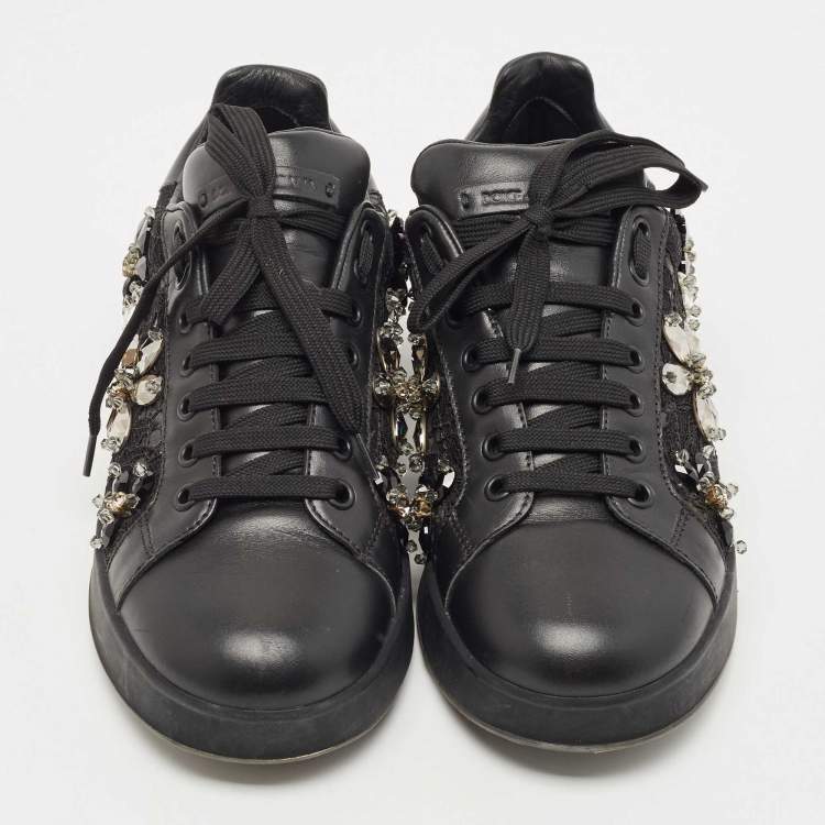 Pre Owned Dolce & Gabbana Black Leather, Lace  Low Top Sneakers Size 37