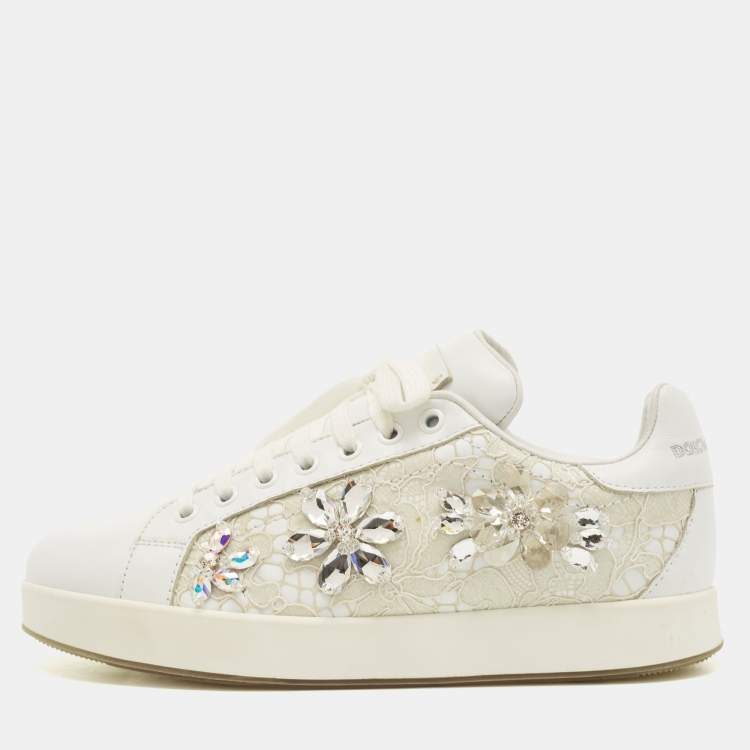 Pre Owned Dolce & Gabbana White Leather and Lace Crystal Embellished Low Top Sneakers Size 37