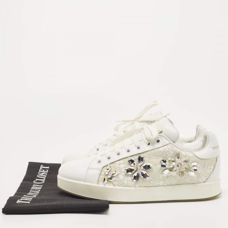 Pre Owned Dolce & Gabbana White Leather and Lace Crystal Embellished Low Top Sneakers Size 37