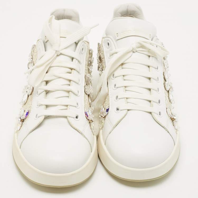 Pre Owned Dolce & Gabbana White Leather and Lace Crystal Embellished Low Top Sneakers Size 37