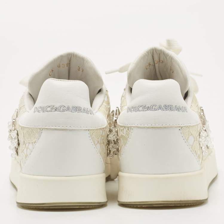 Pre Owned Dolce & Gabbana White Leather and Lace Crystal Embellished Low Top Sneakers Size 37