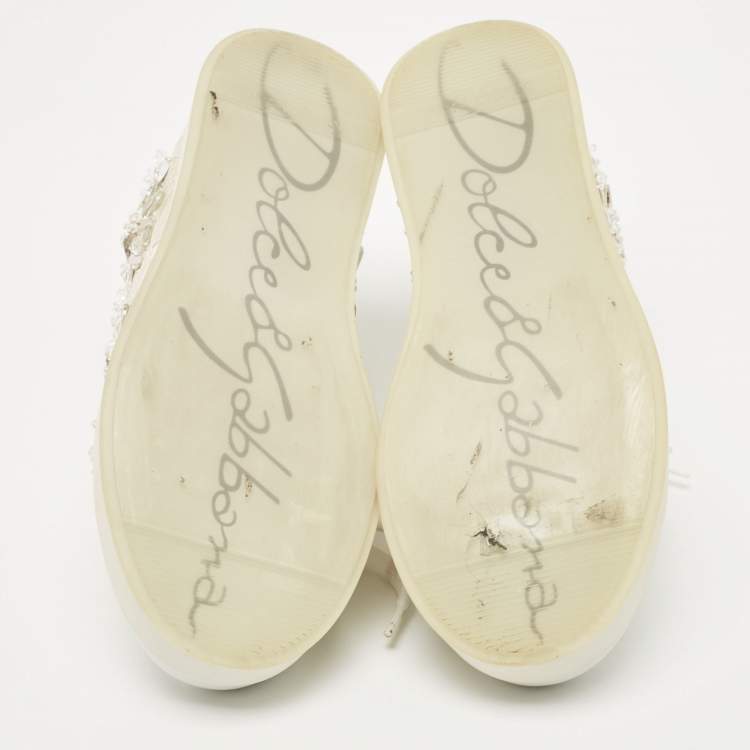Pre Owned Dolce & Gabbana White Leather and Lace Crystal Embellished Low Top Sneakers Size 37