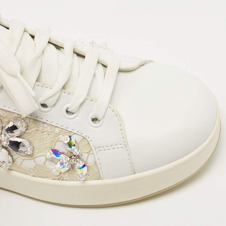 Pre Owned Dolce & Gabbana White Leather and Lace Crystal Embellished Low Top Sneakers Size 37
