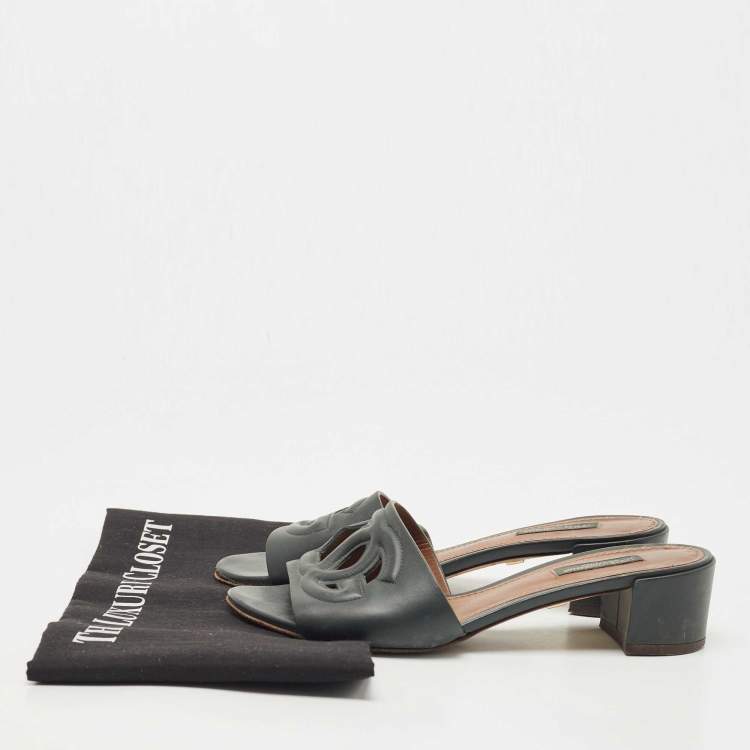 Pre Owned Dolce & Gabbana Dark Green Leather DG Cut Out Slide Sandals Size 36