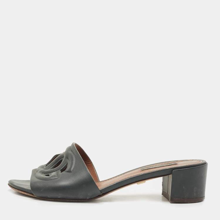 Pre Owned Dolce & Gabbana Dark Green Leather DG Cut Out Slide Sandals Size 36