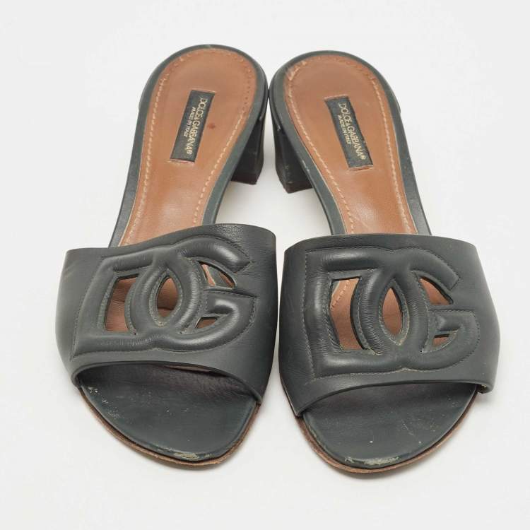 Pre Owned Dolce & Gabbana Dark Green Leather DG Cut Out Slide Sandals Size 36