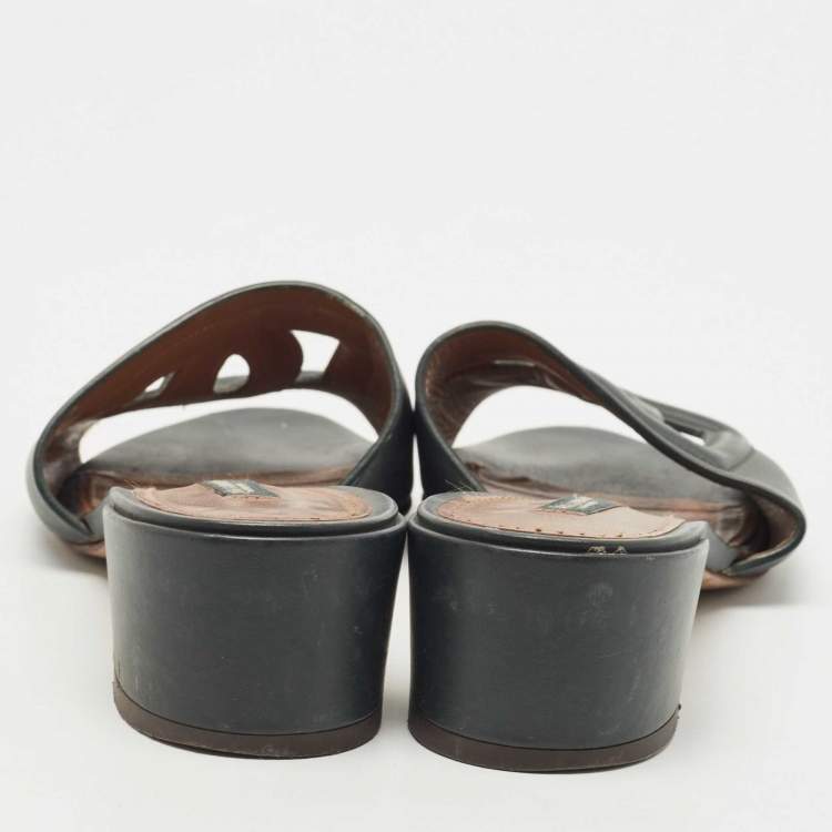 Pre Owned Dolce & Gabbana Dark Green Leather DG Cut Out Slide Sandals Size 36