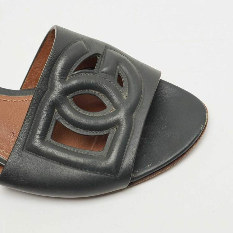 Pre Owned Dolce & Gabbana Dark Green Leather DG Cut Out Slide Sandals Size 36