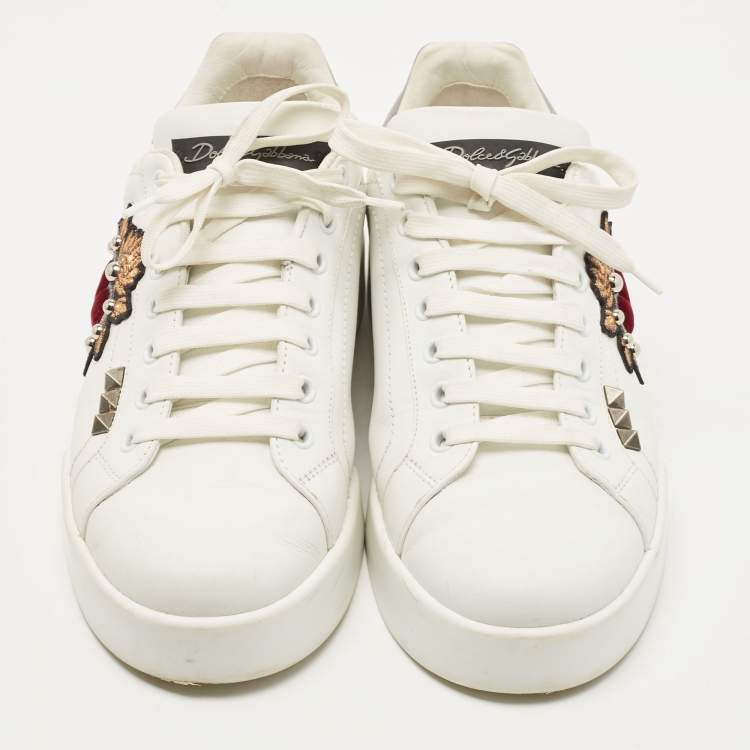 Pre Owned Dolce & Gabbana White Leather Portofino Pearl Embellished Low Top Sneakers Size 39
