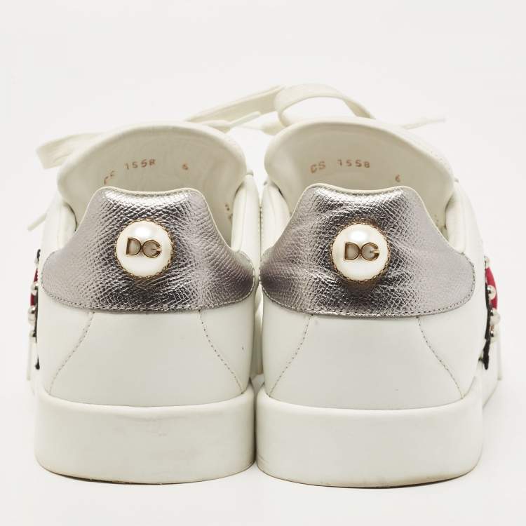 Pre Owned Dolce & Gabbana White Leather Portofino Pearl Embellished Low Top Sneakers Size 39