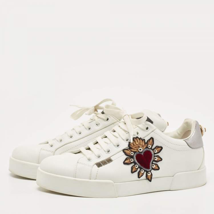 Pre Owned Dolce & Gabbana White Leather Portofino Pearl Embellished Low Top Sneakers Size 39