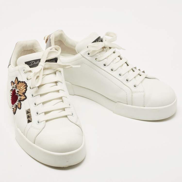 Pre Owned Dolce & Gabbana White Leather Portofino Pearl Embellished Low Top Sneakers Size 39