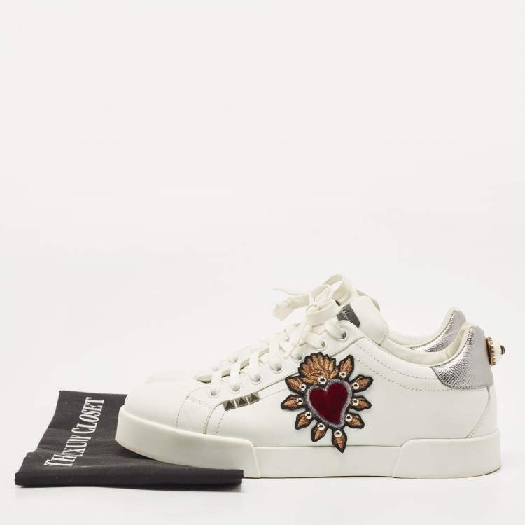 Pre Owned Dolce & Gabbana White Leather Portofino Pearl Embellished Low Top Sneakers Size 39