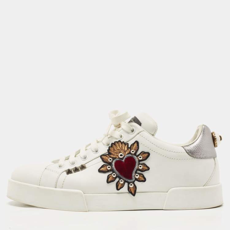 Pre Owned Dolce & Gabbana White Leather Portofino Pearl Embellished Low Top Sneakers Size 39