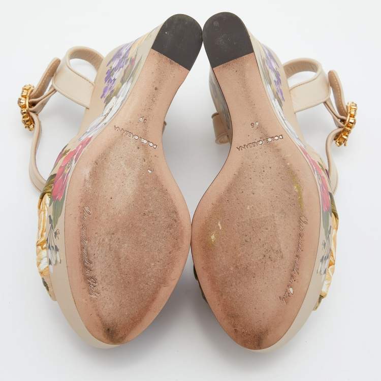 Pre Owned Dolce & Gabbana Multicolor Floral Print Leather Knot Wedge Sandals Size 36