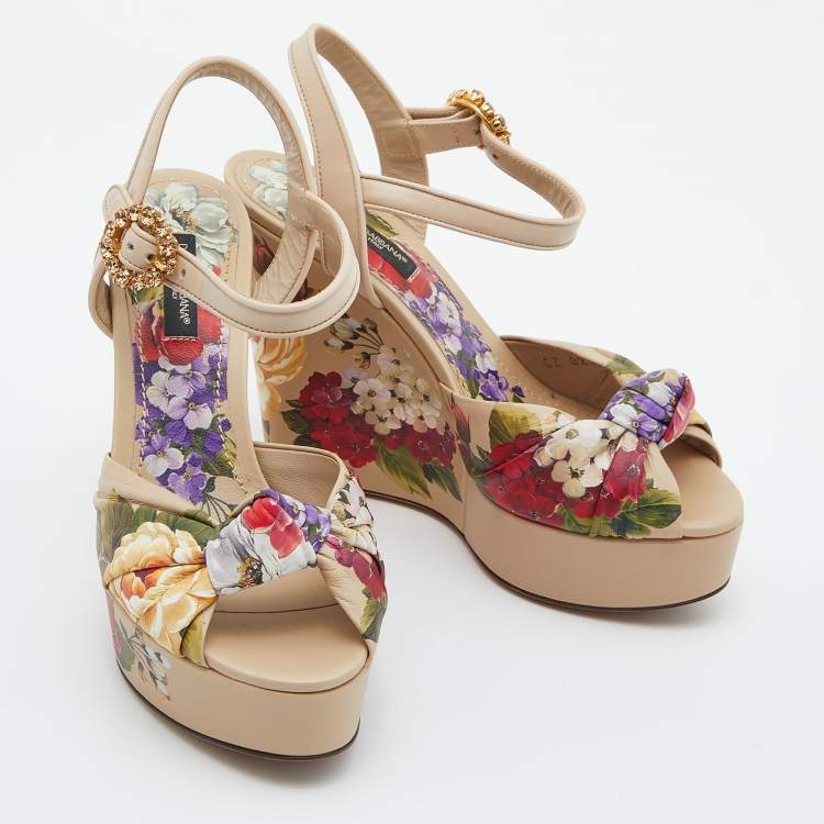 Pre Owned Dolce & Gabbana Multicolor Floral Print Leather Knot Wedge Sandals Size 36
