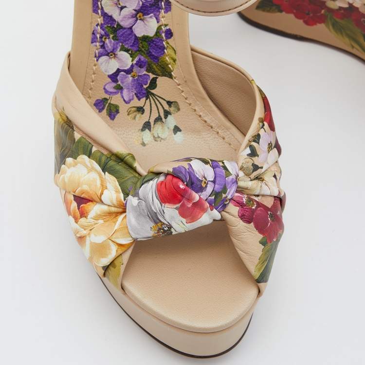 Pre Owned Dolce & Gabbana Multicolor Floral Print Leather Knot Wedge Sandals Size 36