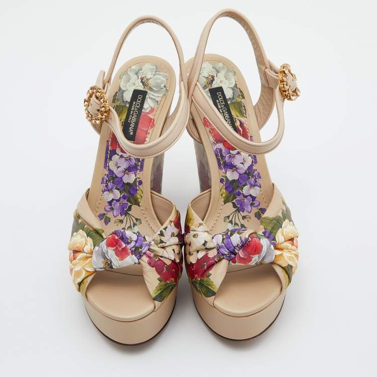 Pre Owned Dolce & Gabbana Multicolor Floral Print Leather Knot Wedge Sandals Size 36