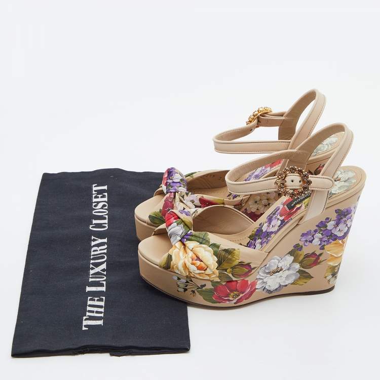 Pre Owned Dolce & Gabbana Multicolor Floral Print Leather Knot Wedge Sandals Size 36