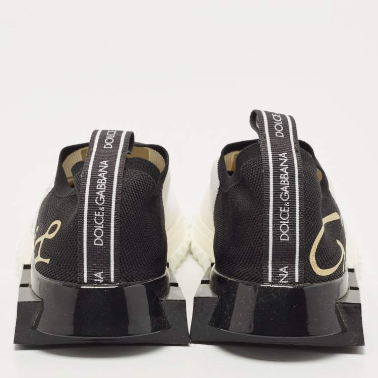 Pre Owned Dolce & Gabbana White /Black Knit Fabric Sorrento Slip on  Sneakers Size 37.5
