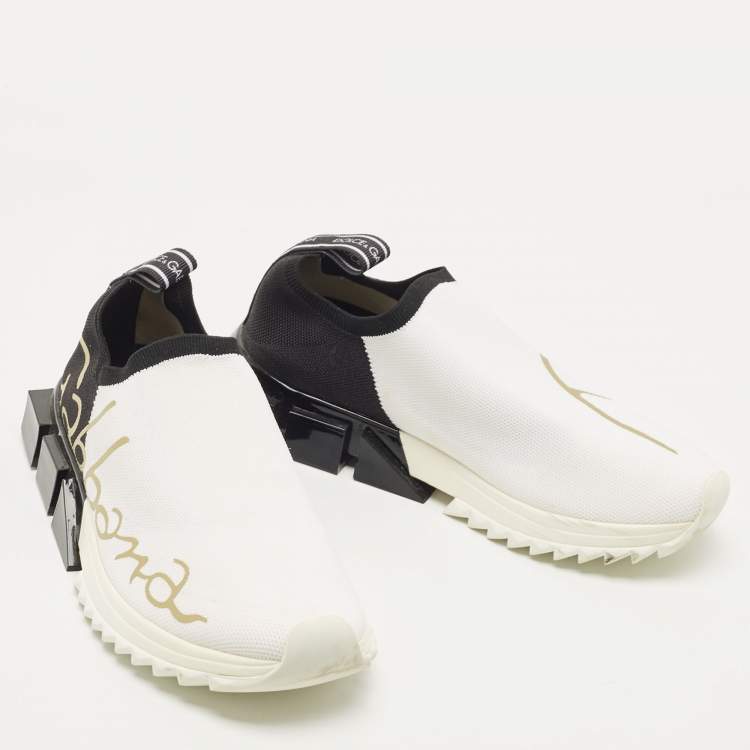 Pre Owned Dolce & Gabbana White /Black Knit Fabric Sorrento Slip on  Sneakers Size 37.5