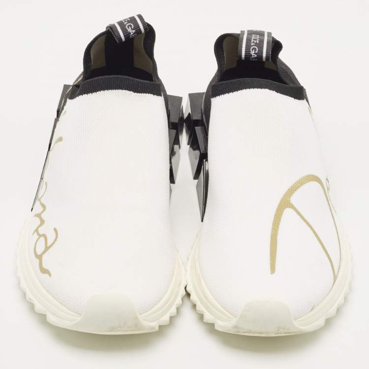 Pre Owned Dolce & Gabbana White /Black Knit Fabric Sorrento Slip on  Sneakers Size 37.5