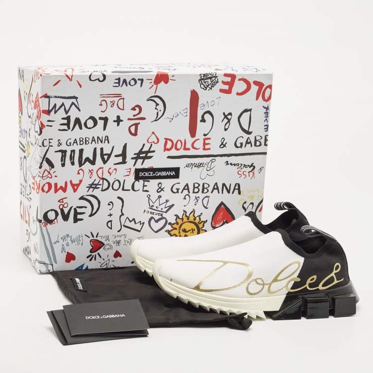 Pre Owned Dolce & Gabbana White /Black Knit Fabric Sorrento Slip on  Sneakers Size 37.5
