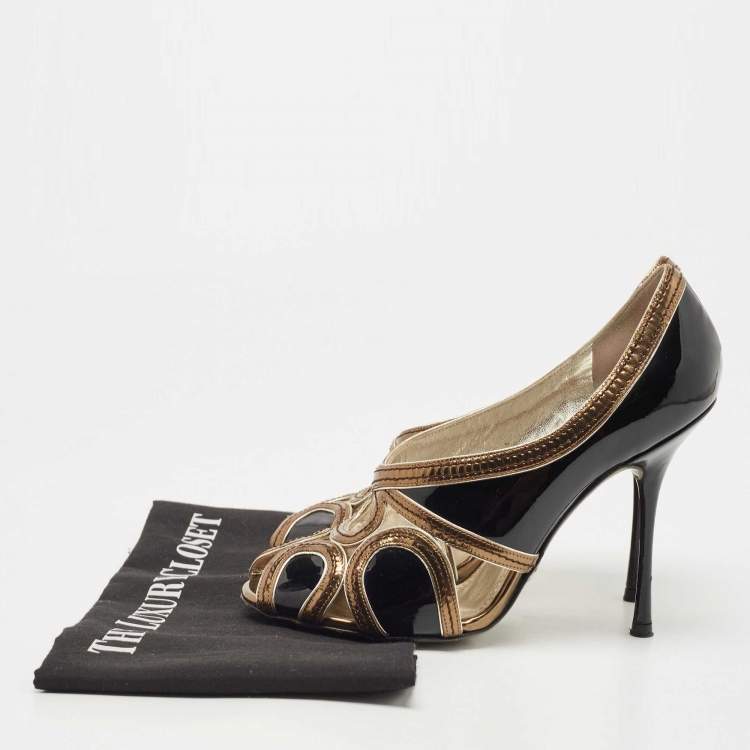 Pre Owned Dolce & Gabbana Black/Metallic Patent and Leather Cut Out Peep Toe Pumps Size 38