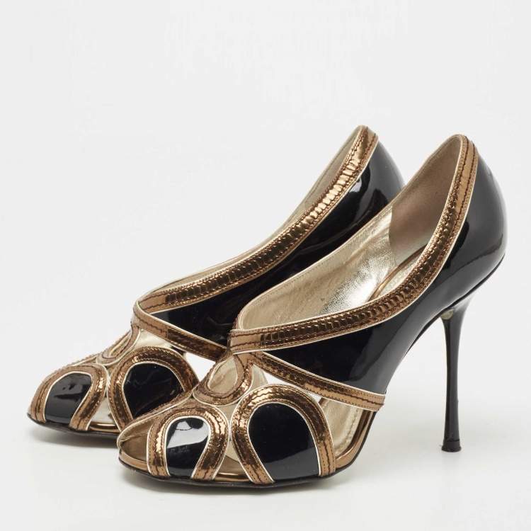 Pre Owned Dolce & Gabbana Black/Metallic Patent and Leather Cut Out Peep Toe Pumps Size 38