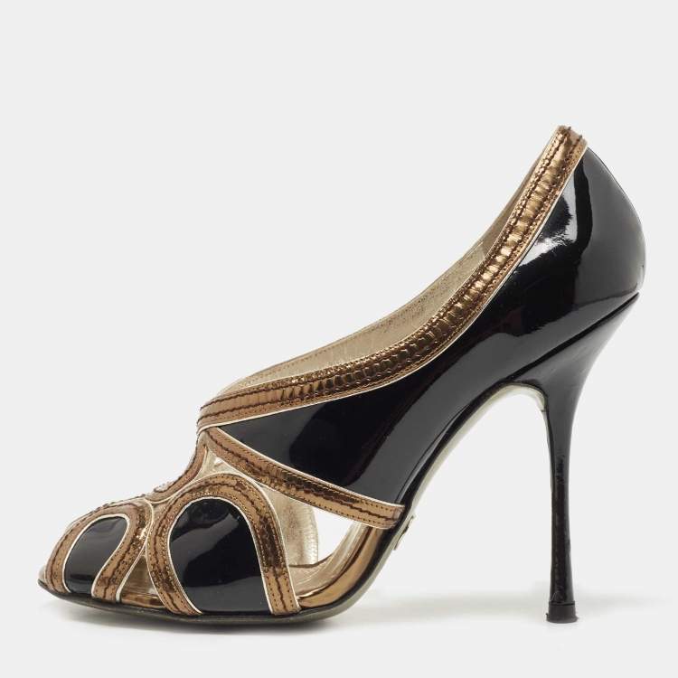 Pre Owned Dolce & Gabbana Black/Metallic Patent and Leather Cut Out Peep Toe Pumps Size 38