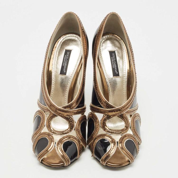 Pre Owned Dolce & Gabbana Black/Metallic Patent and Leather Cut Out Peep Toe Pumps Size 38