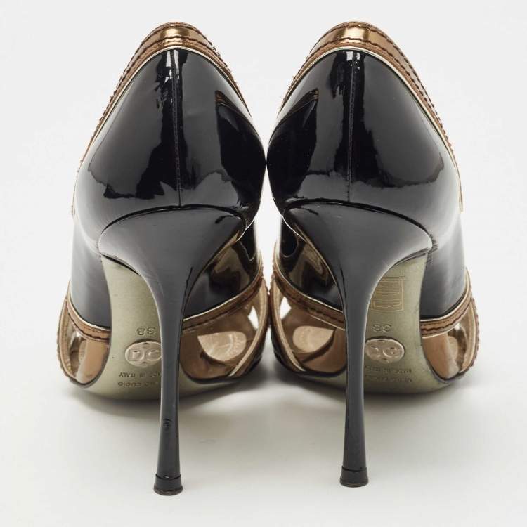 Pre Owned Dolce & Gabbana Black/Metallic Patent and Leather Cut Out Peep Toe Pumps Size 38