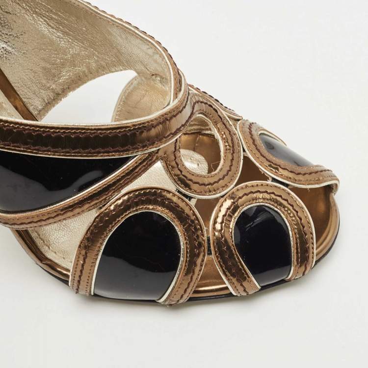 Pre Owned Dolce & Gabbana Black/Metallic Patent and Leather Cut Out Peep Toe Pumps Size 38